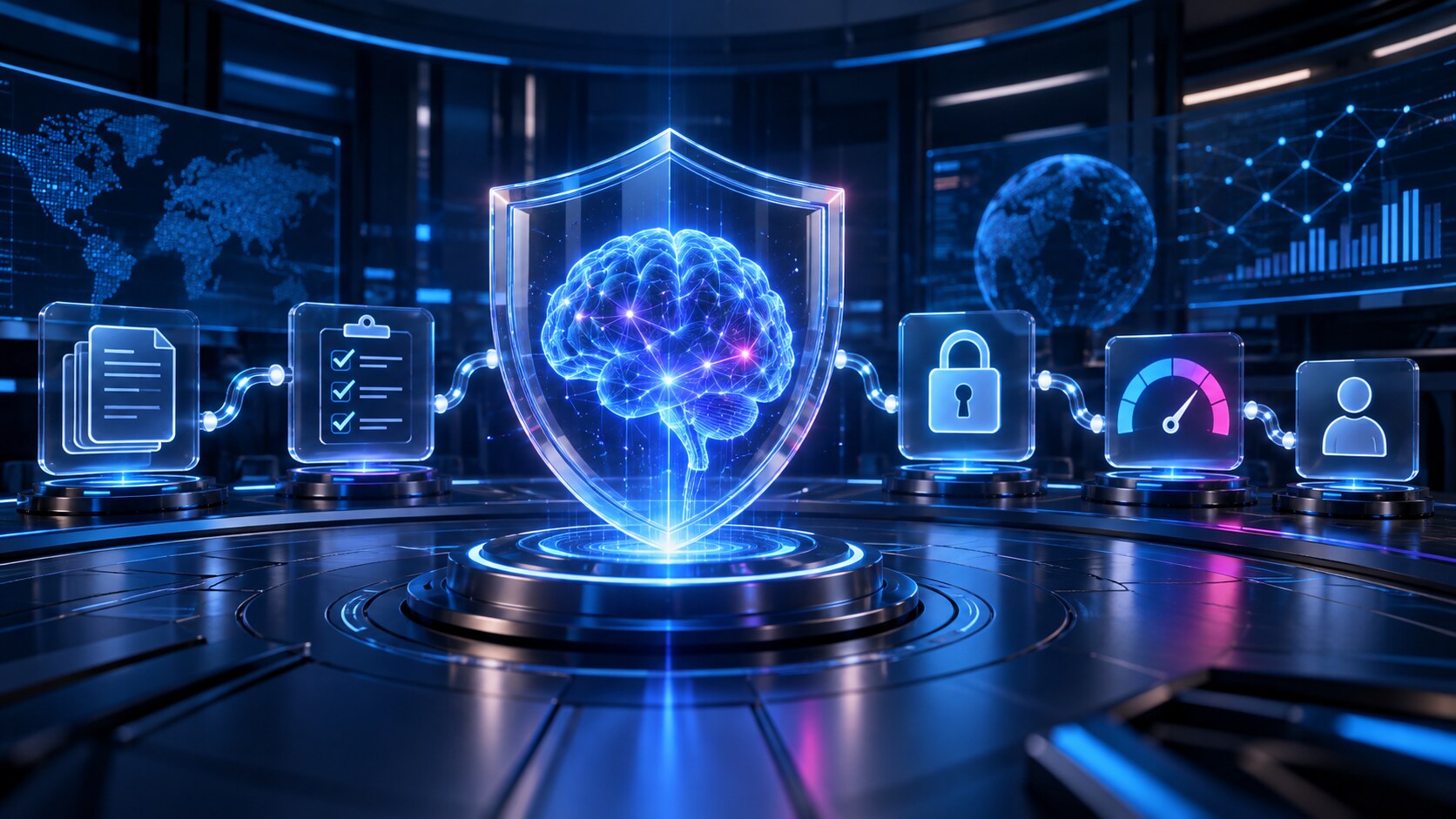Núcleo de inteligência artificial protegido por escudo e conectado a controles de auditoria, privacidade, risco e supervisão humana