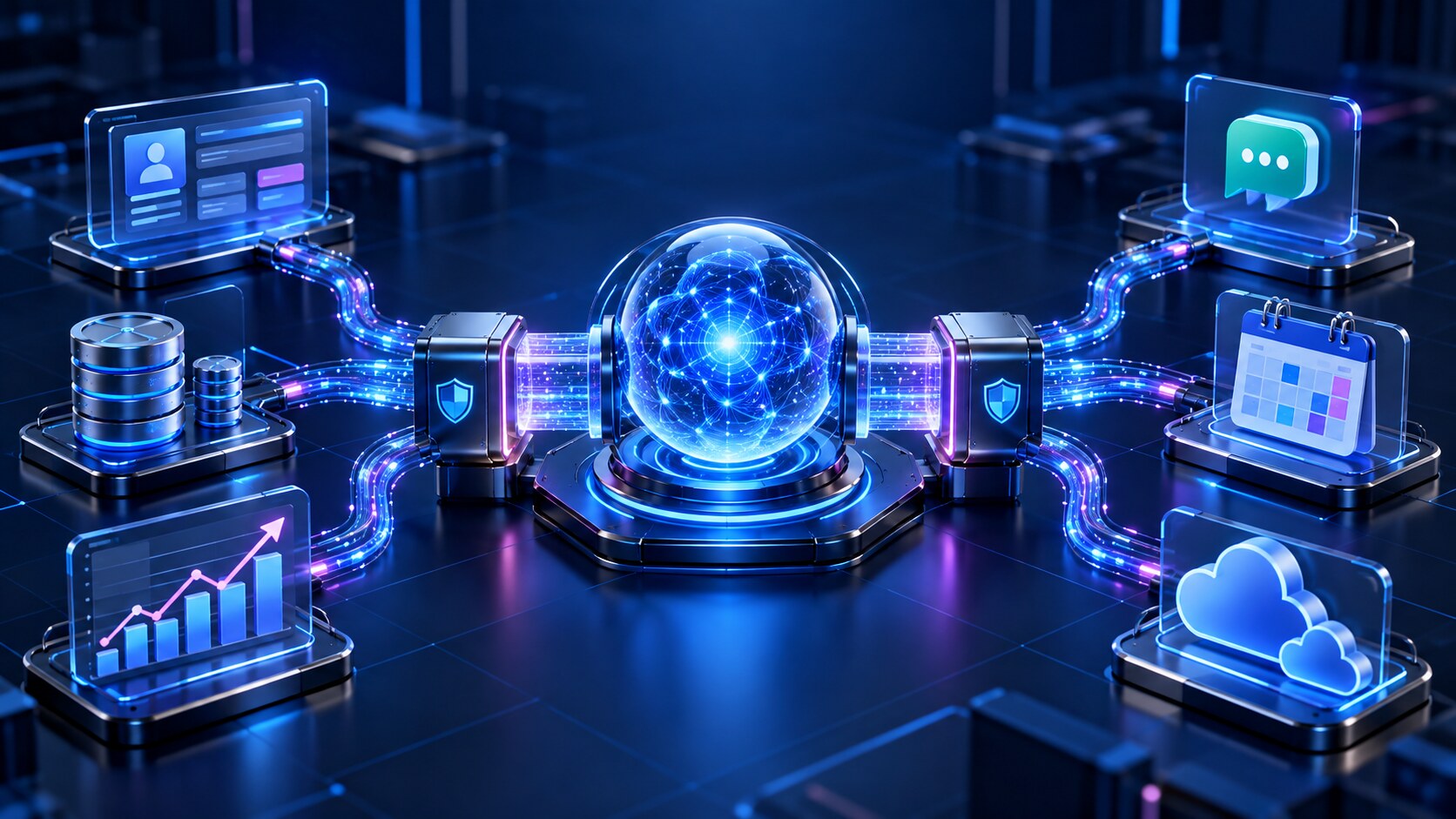Núcleo de inteligência artificial conectado com segurança a CRM, banco de dados, mensagens, calendário e nuvem