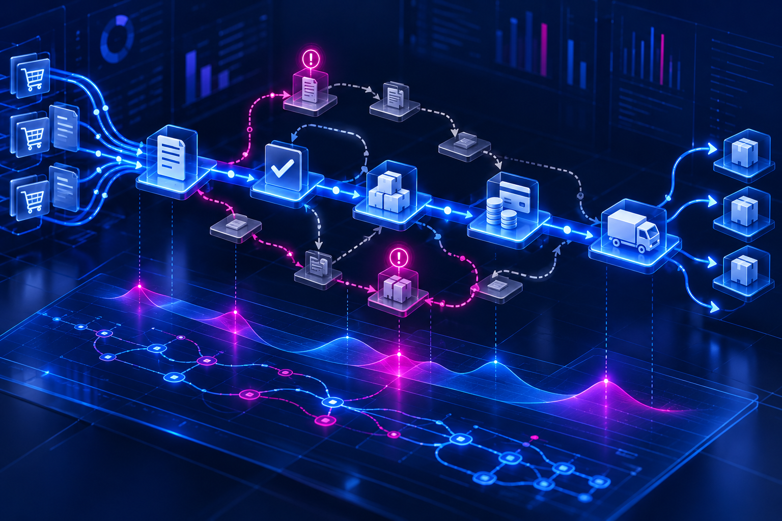 Mapa digital de processos empresariais revelando gargalos, desvios e oportunidades de automação